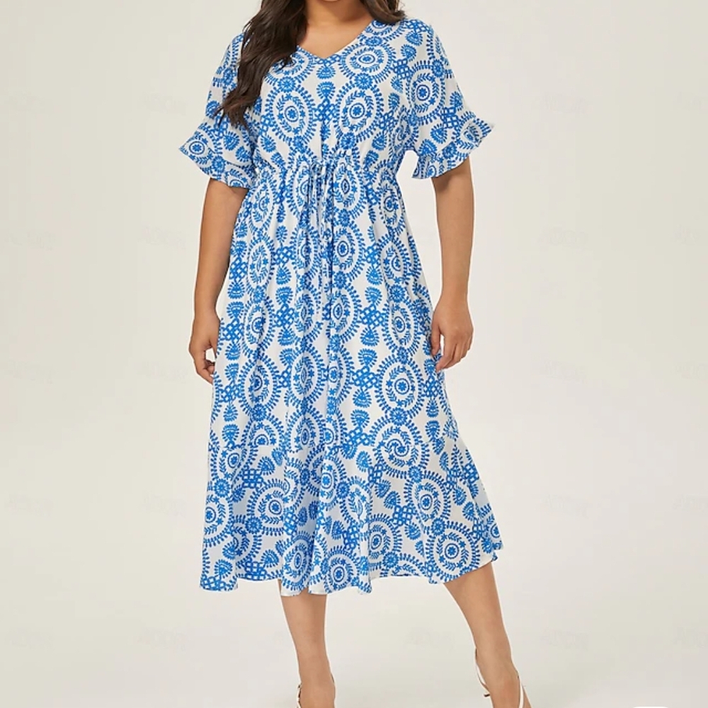 Blue and White Flutter Sleeve Midi Sundress